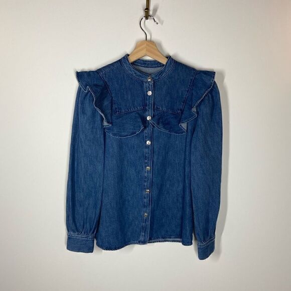 NWT Zara Denim Shirt with Ruffle - Picture 1 of 12